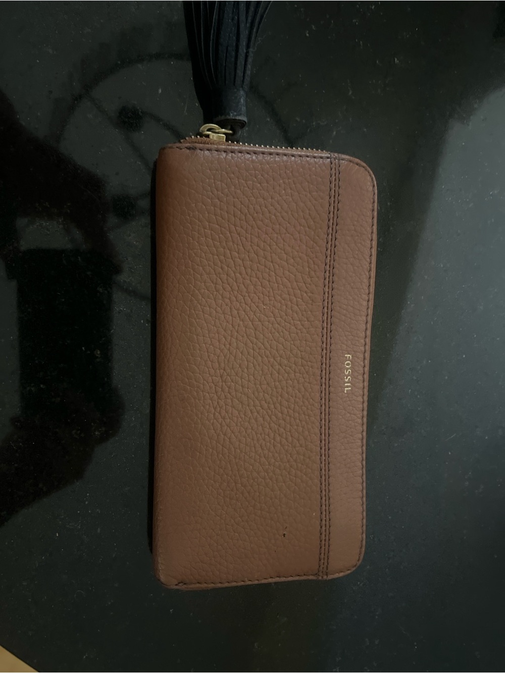 Fossil Brown Leather Zip-Around Wallet with Tassel